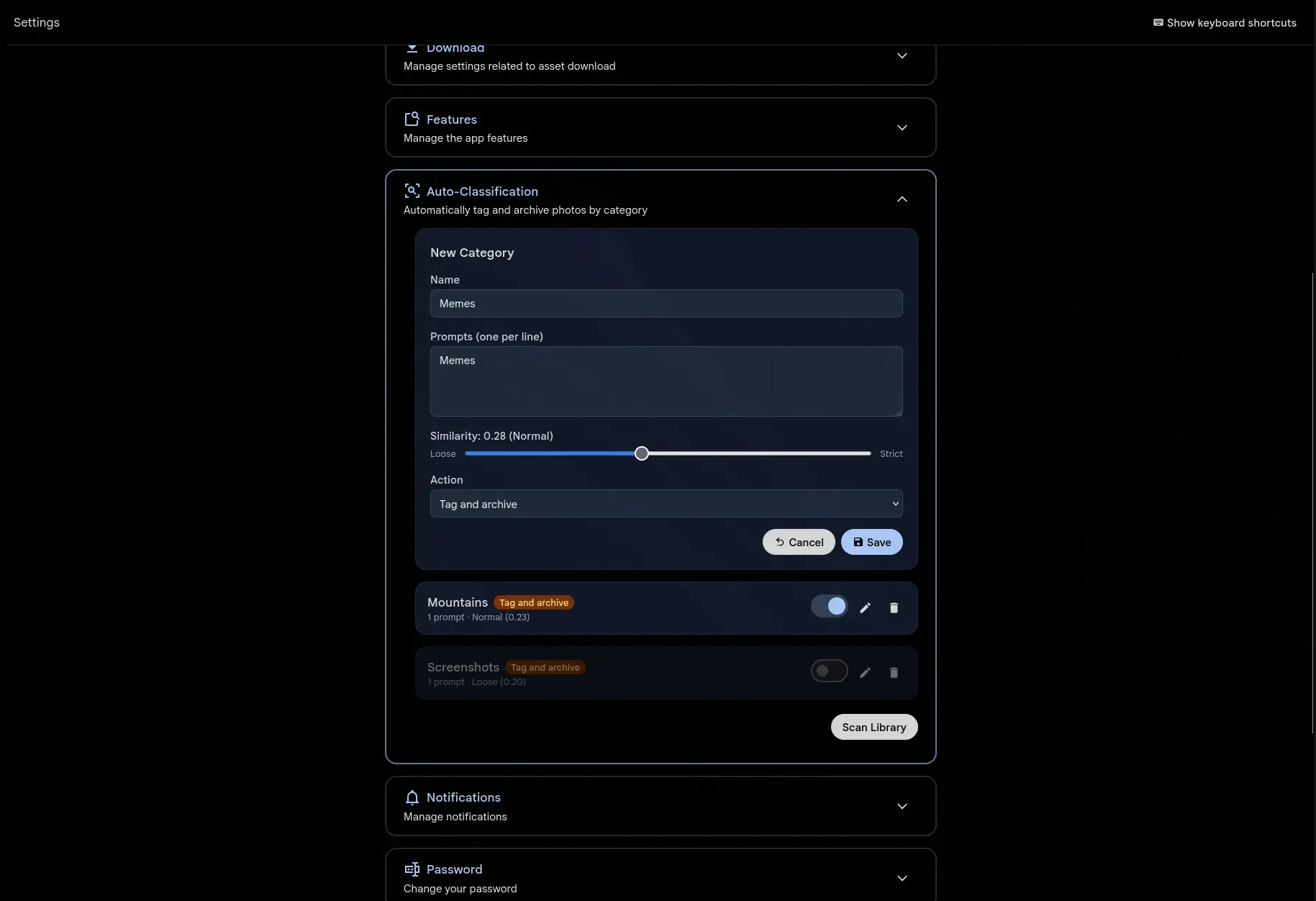 Einstellungen für die automatische Klassifizierung mit Kategorie, Prompts, Similarity-Slider und der Aktion Tag and archive