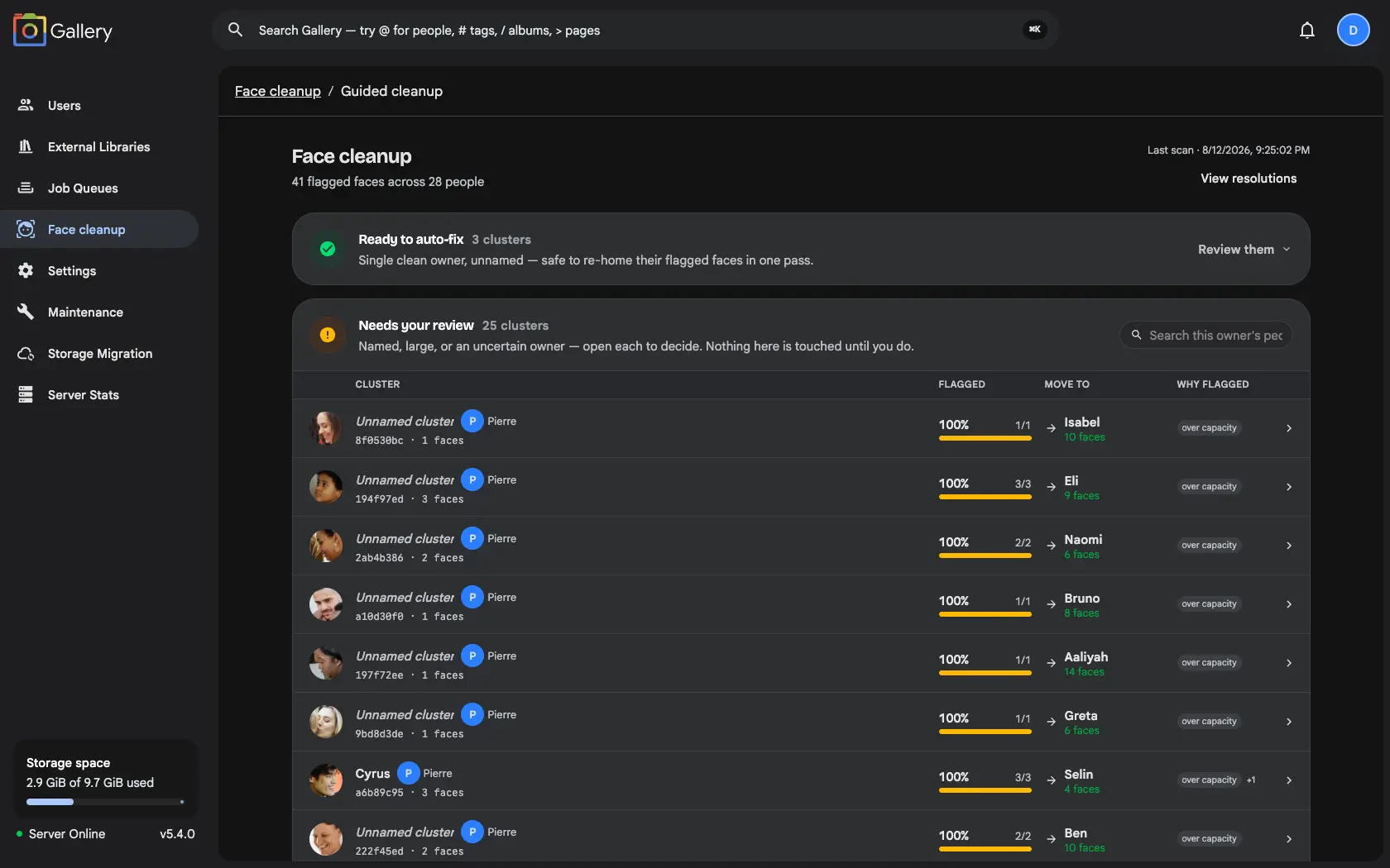 The Gallery Face Cleanup guided cleanup page, showing 41 flagged faces across 28 people split into a 'Ready to auto-fix' lane and a 'Needs your review' lane listing clusters with their flagged percentage and suggested destination