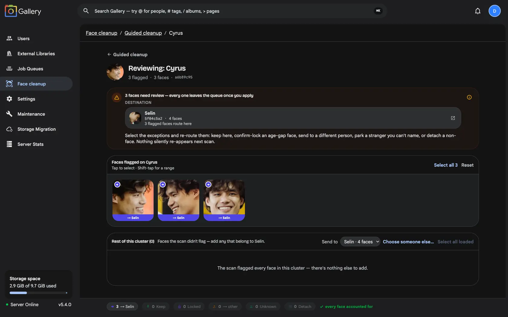 A Gallery Face Cleanup review page for a cluster named Cyrus, showing three flagged faces all routed to a destination person called Selin, with a footer tally reading 'every face accounted for'