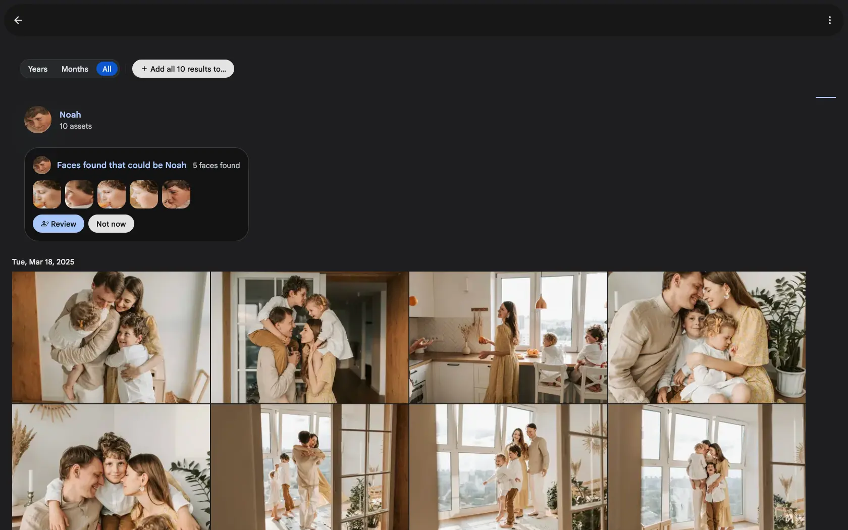A person page in Gallery showing a banner reading 'Faces found that could be Noah — 5 faces found', with five suggested face crops and Review and Not now buttons