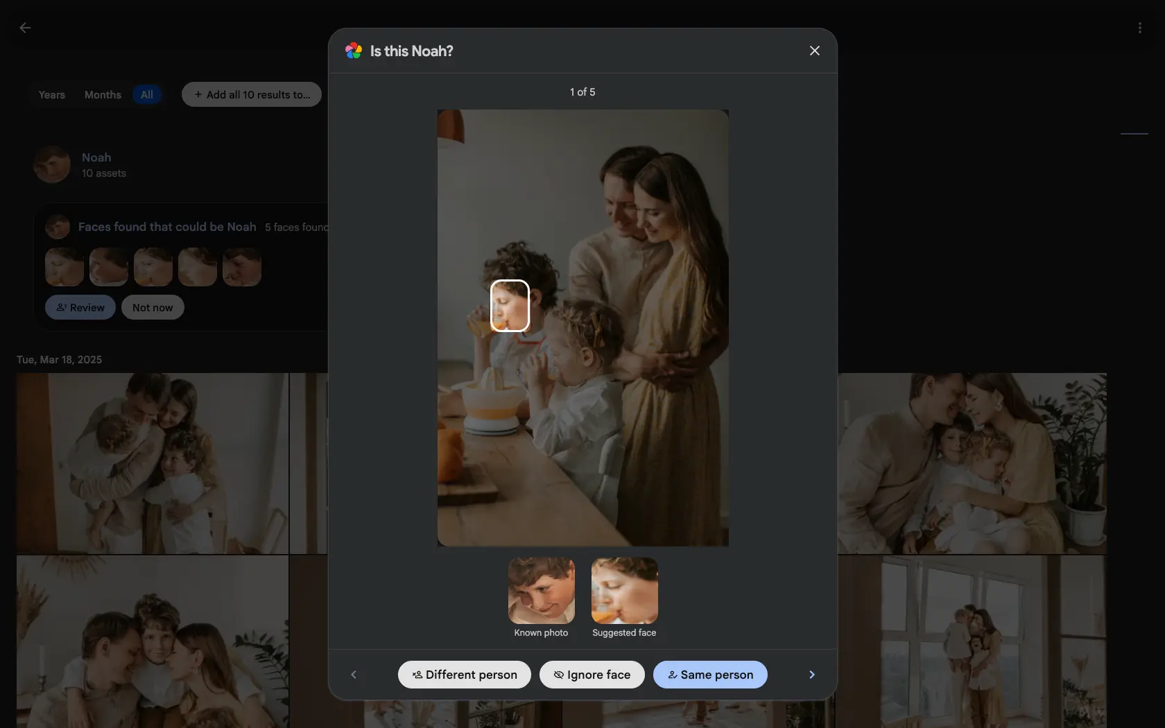The Gallery face suggestion review modal, headed 'Is this Noah?', showing the suggested face highlighted in a family photo alongside a known photo of the person, with Different person, Ignore face and Same person buttons