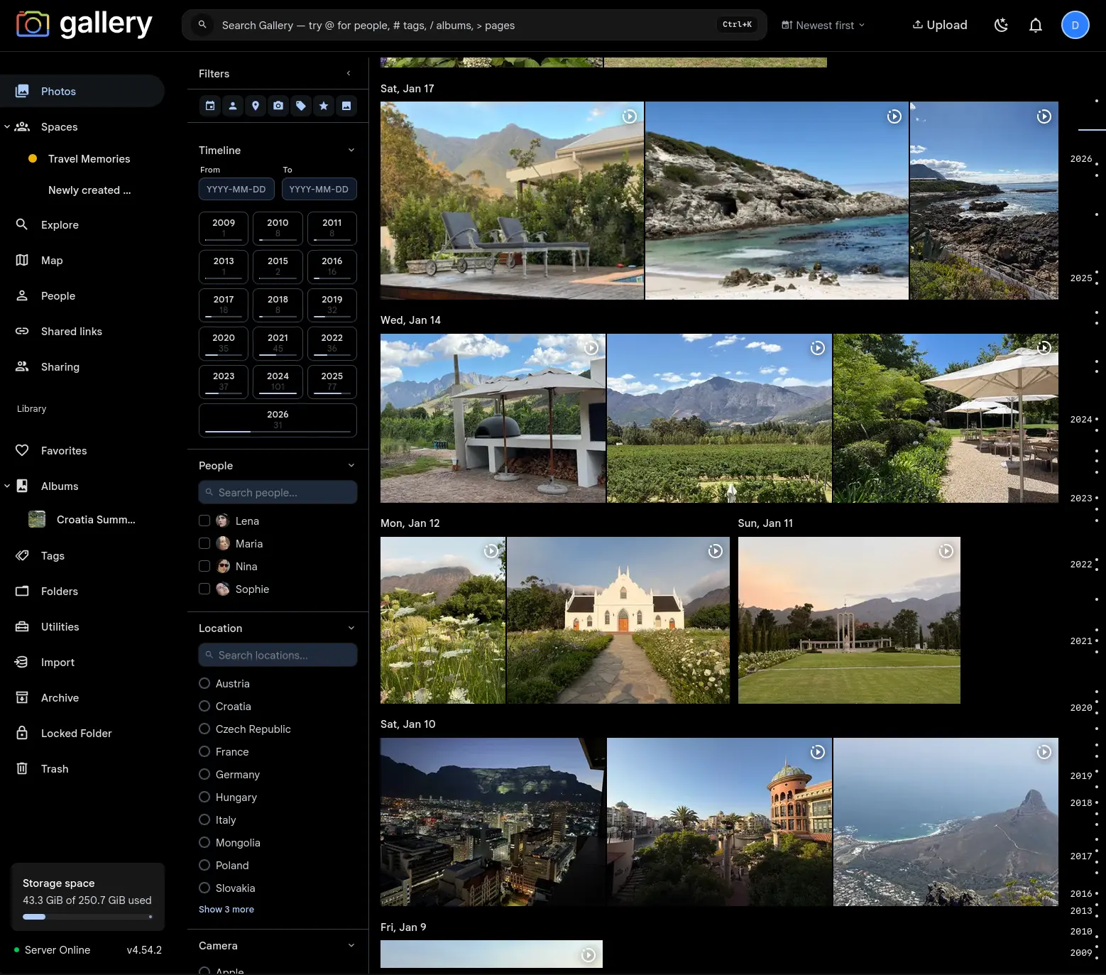 Noodle Gallery Foto-Timeline mit Filtern, gemeinsamen Spaces, Suche und Speicherstatus