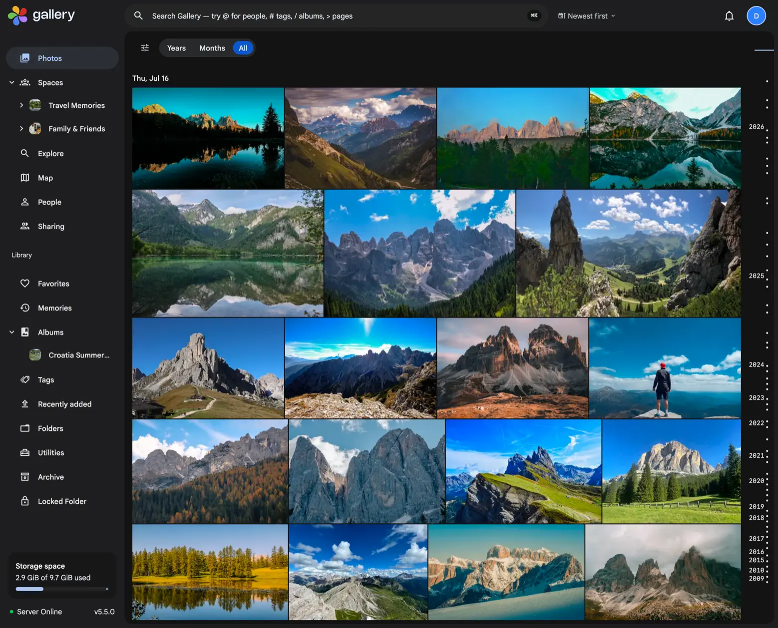 Noodle Gallery photo timeline of a mountain trip, with shared spaces, search, and storage status