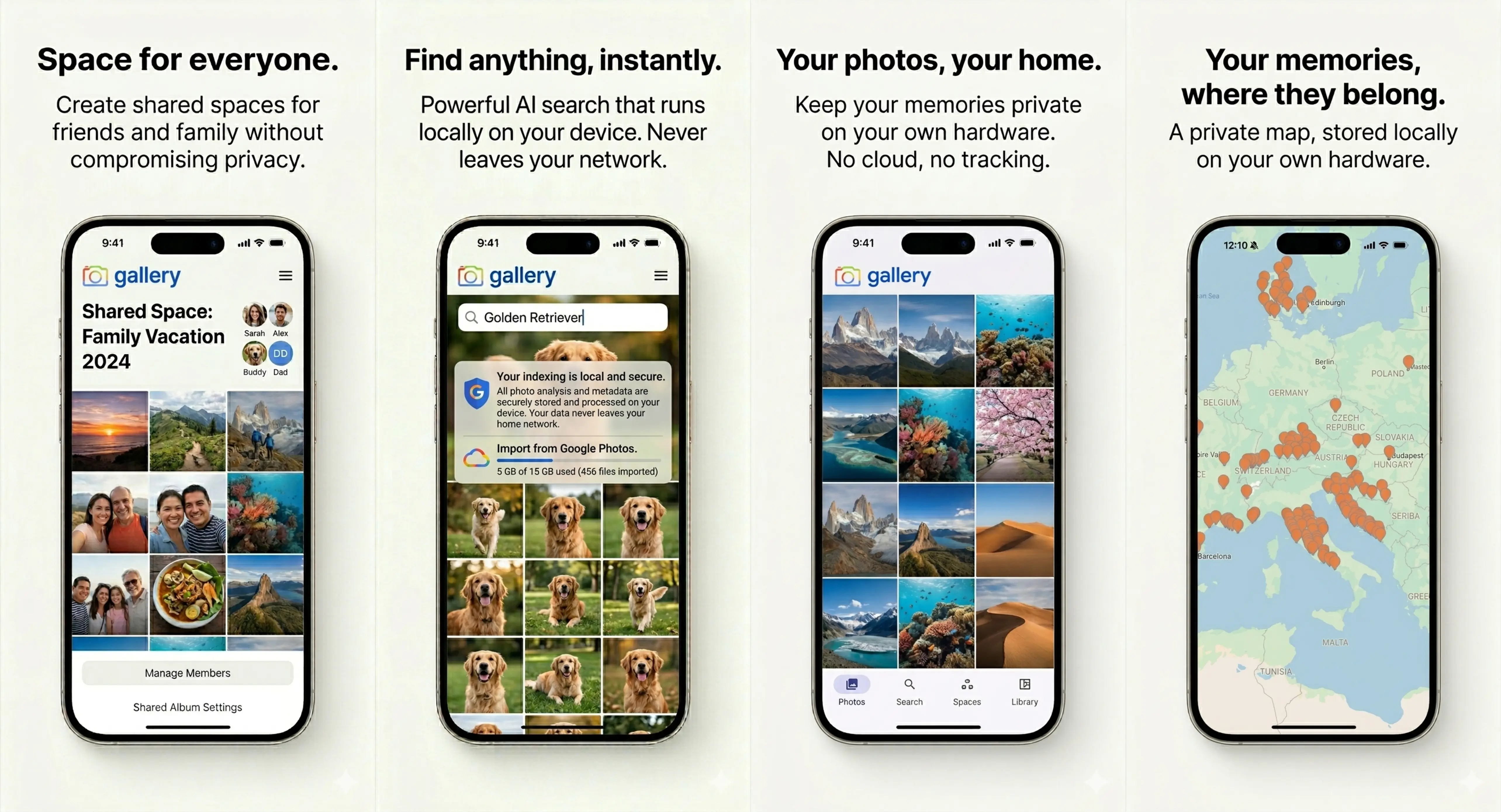 Four Noodle Gallery iPhone screenshots side by side: Shared Spaces with a Family Vacation timeline and member avatars; on-device smart search for 'Golden Retriever' with a local-indexing privacy callout; a four-column timeline grid of landscape photos; and a private map of Western Europe with photo clusters.