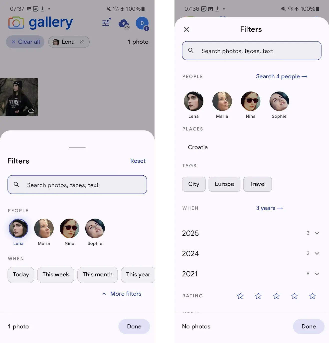Two mobile screenshots side by side — left: Photos tab with the filter sheet at Browse snap showing an active 'Lena' chip, one photo in the grid, and People faces plus When presets below; right: the Deep snap with People, Places (Croatia), Tags, a year-by-year When cascade, and a 1–5 star Rating row