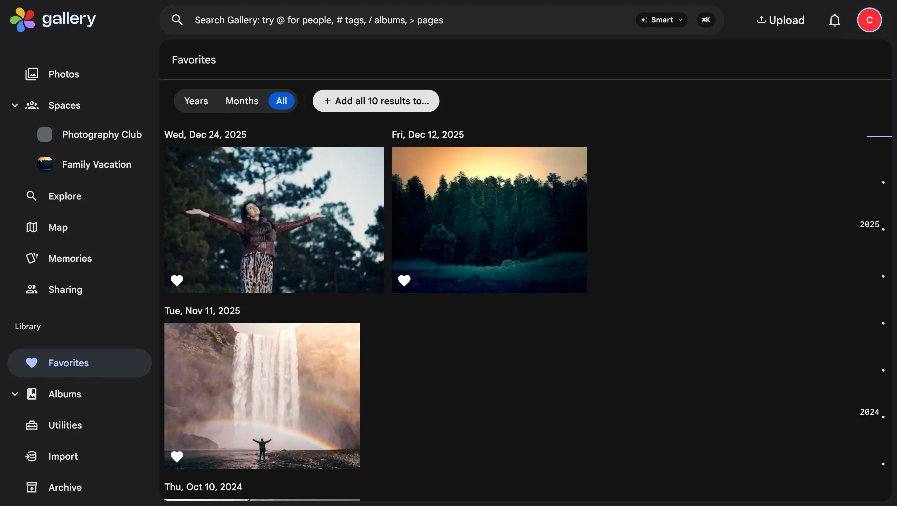 The Favorites page of a Shared Space viewer, showing hearted photos that belong to another member of the space