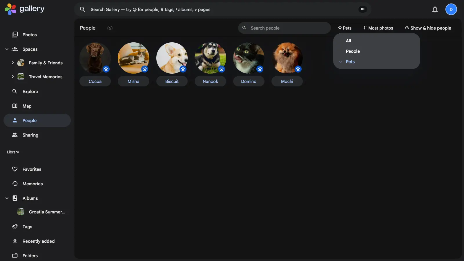 The Gallery People page filtered to Pets, showing six named pets — Cocoa, Misha, Biscuit, Nanook, Domino and Mochi — each with a paw badge