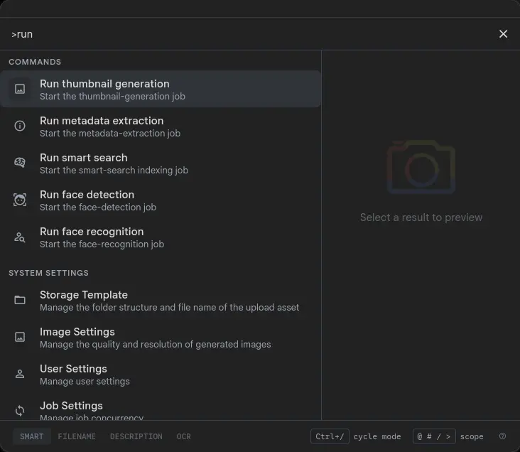 Search palette with '>run' typed into the input, showing five admin Run commands — Run thumbnail generation (highlighted as Top result), Run metadata extraction, Run smart search, Run face detection, Run face recognition — followed by matching System Settings navigation entries