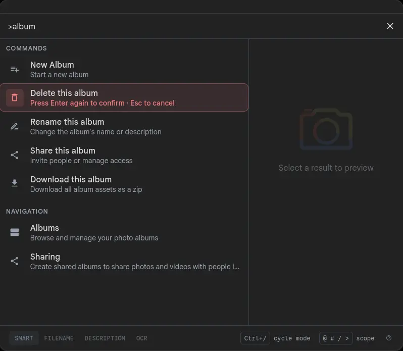 Gallery's Cmd+K search palette open on an album page with '>album' typed, showing a Commands section with 'Delete this album' armed in red with a 'Press Enter again to confirm · Esc to cancel' hint, alongside Rename, Share, and Download this album
