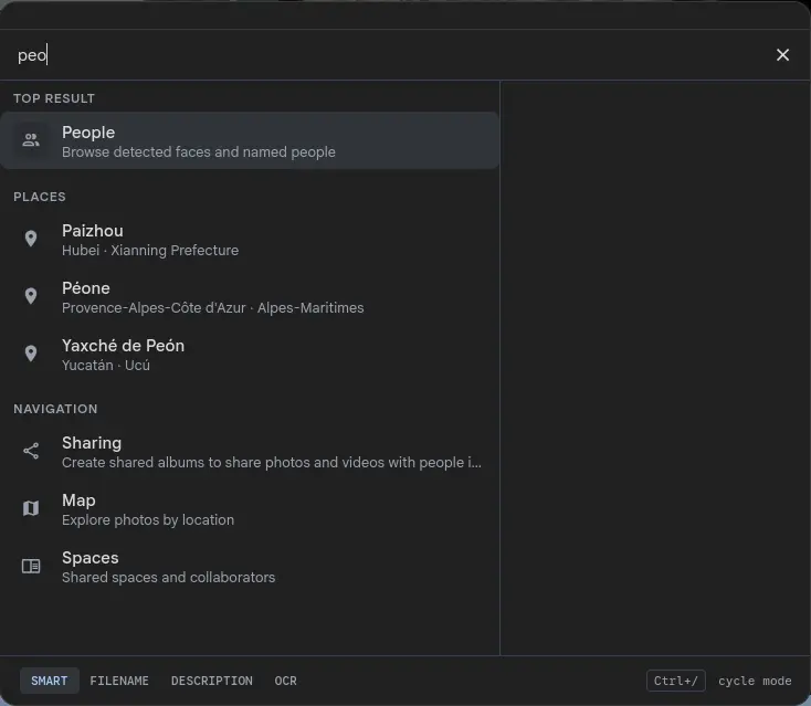 Search palette with 'peo' typed into the input, showing People as the Top result, then Places (Paizhou, Péone, Yaxché de Peón) and Navigation entries (Sharing, Map, Spaces) below