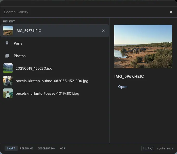 Search palette opened with an empty query, showing a Recent section with a recently opened photo, the Paris location, the Photos page, and two more photos — with the most recent photo's thumbnail in the preview pane on the right