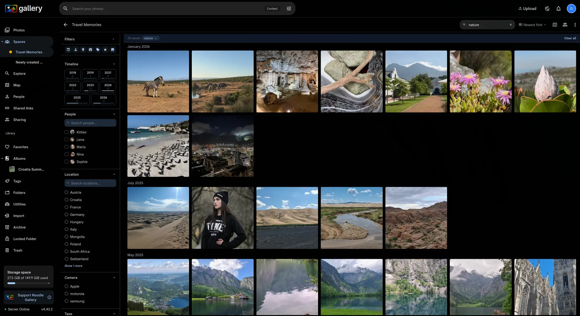 Smart search results sorted by newest, grouped into January 2026 and May 2020 date sections with infinite scroll