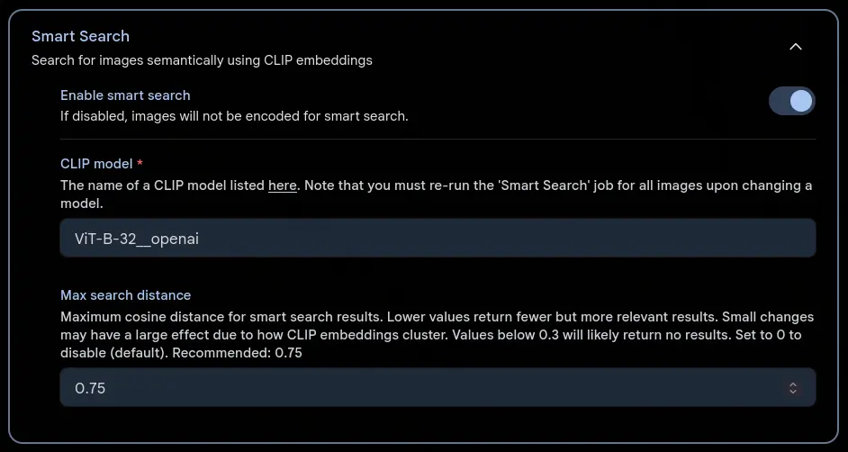 Administration Smart Search panel showing the Max search distance field set to 0.75 with tuning description