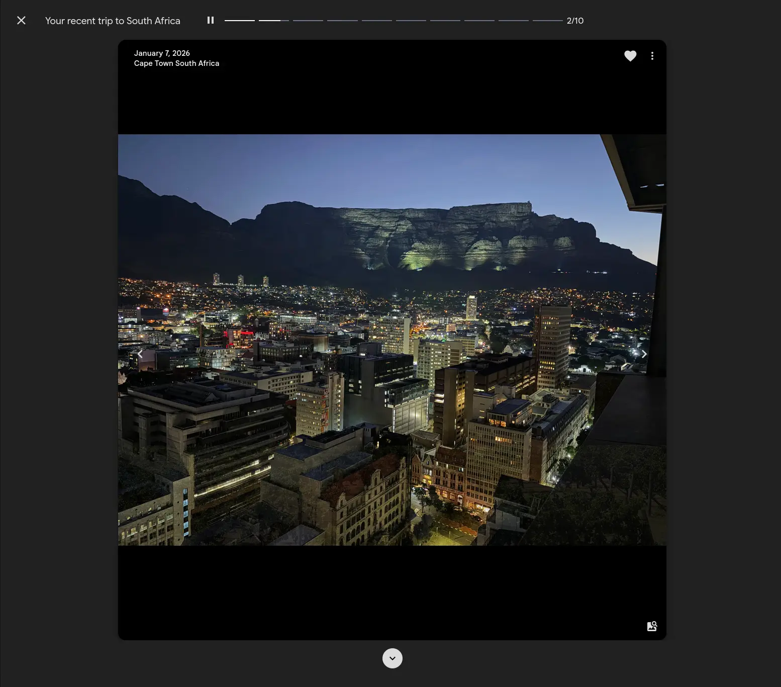 Gallery's memory viewer showing a recent trip memory titled 'Your recent trip to South Africa', with a Cape Town city photo, progress segments, and memory controls