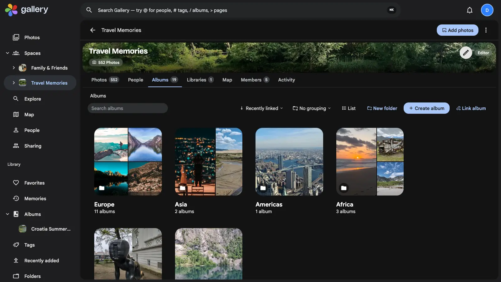 The Albums tab of a Shared Space called Travel Memories, showing folder cards for Europe, Asia, Americas and Africa with album counts, above loose albums