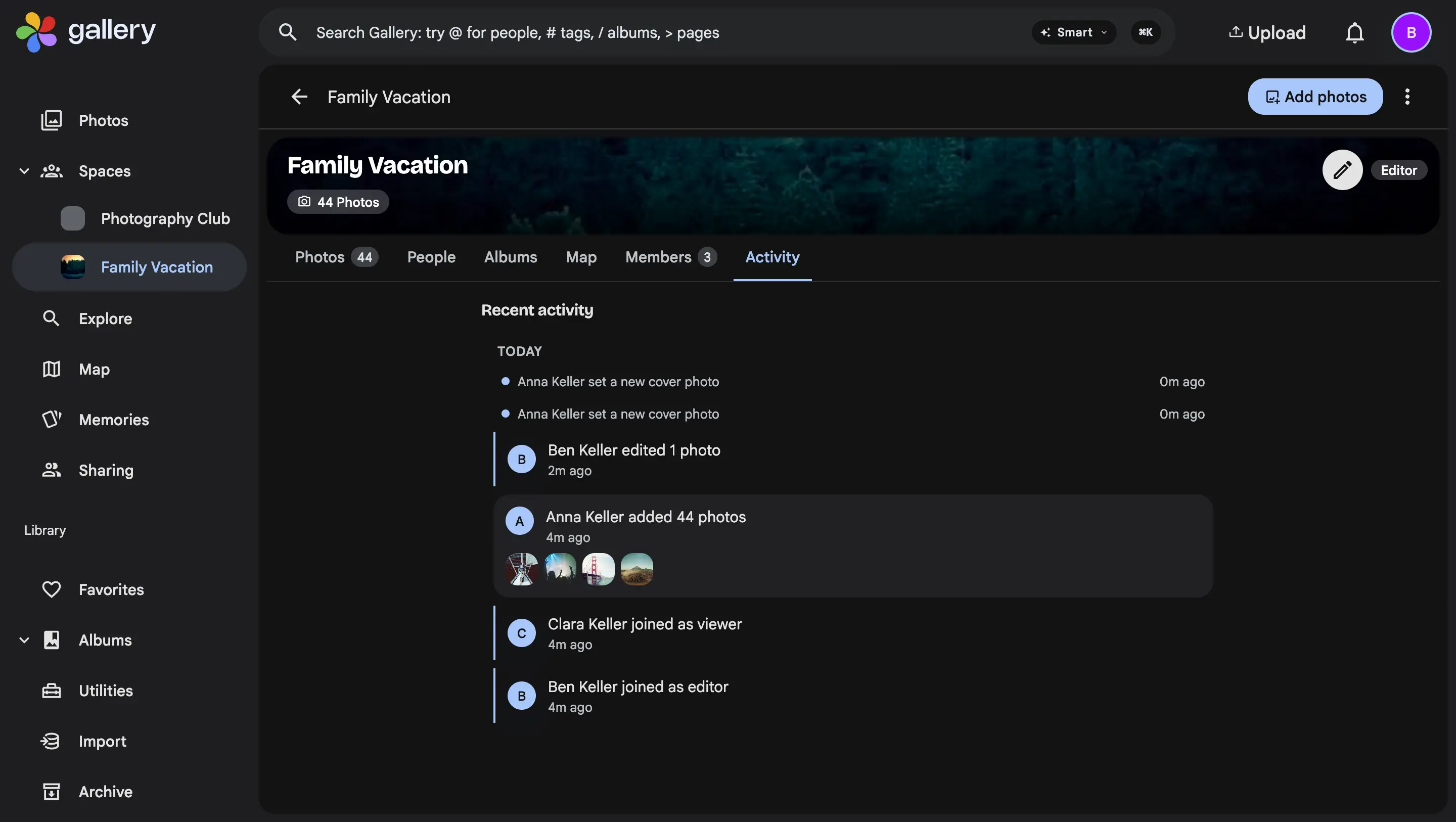 The Activity tab of a Shared Space called Family Vacation, with an entry reading Ben Keller edited 1 photo above the entries for photos added and members joining