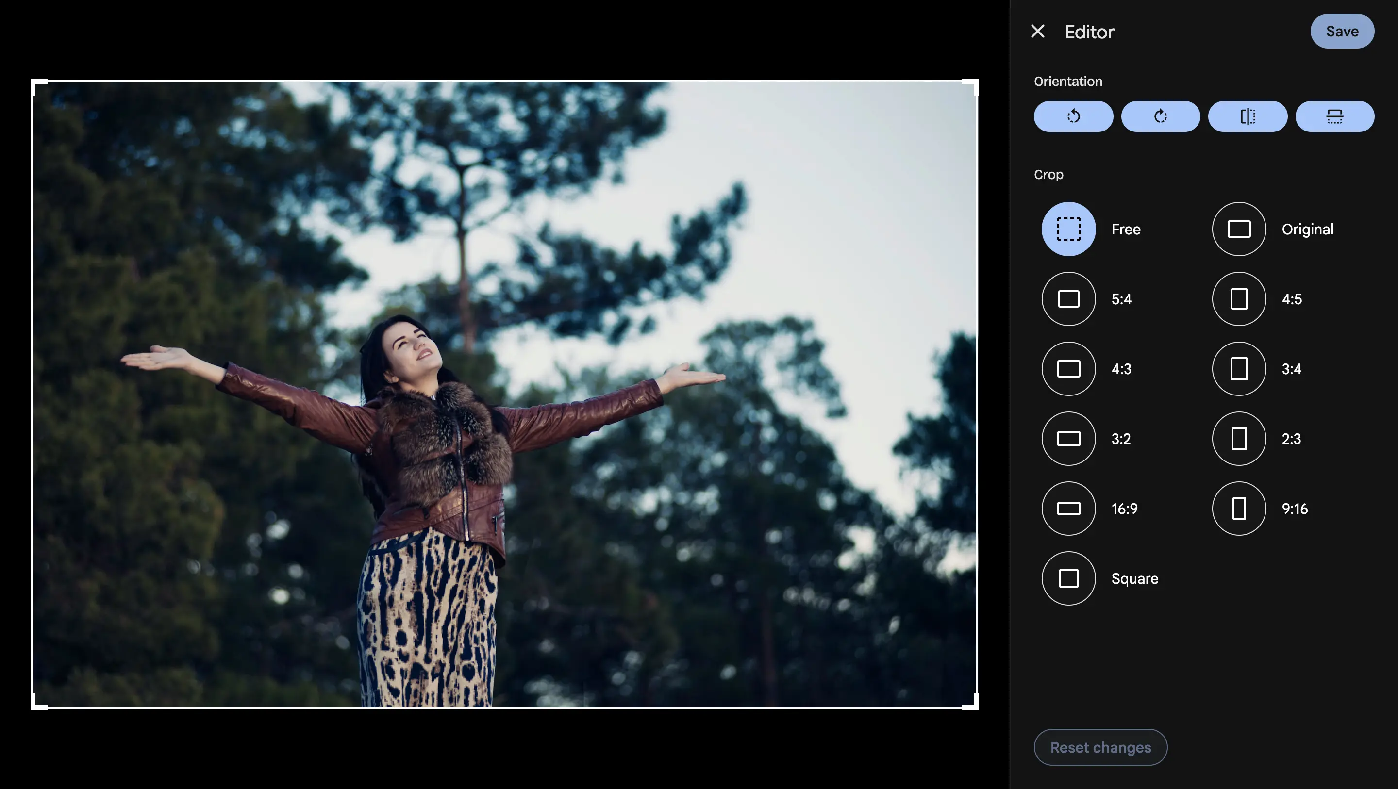 The Gallery image editor open on another member's photo, with orientation buttons and crop presets from Free and Original to 16:9 and Square