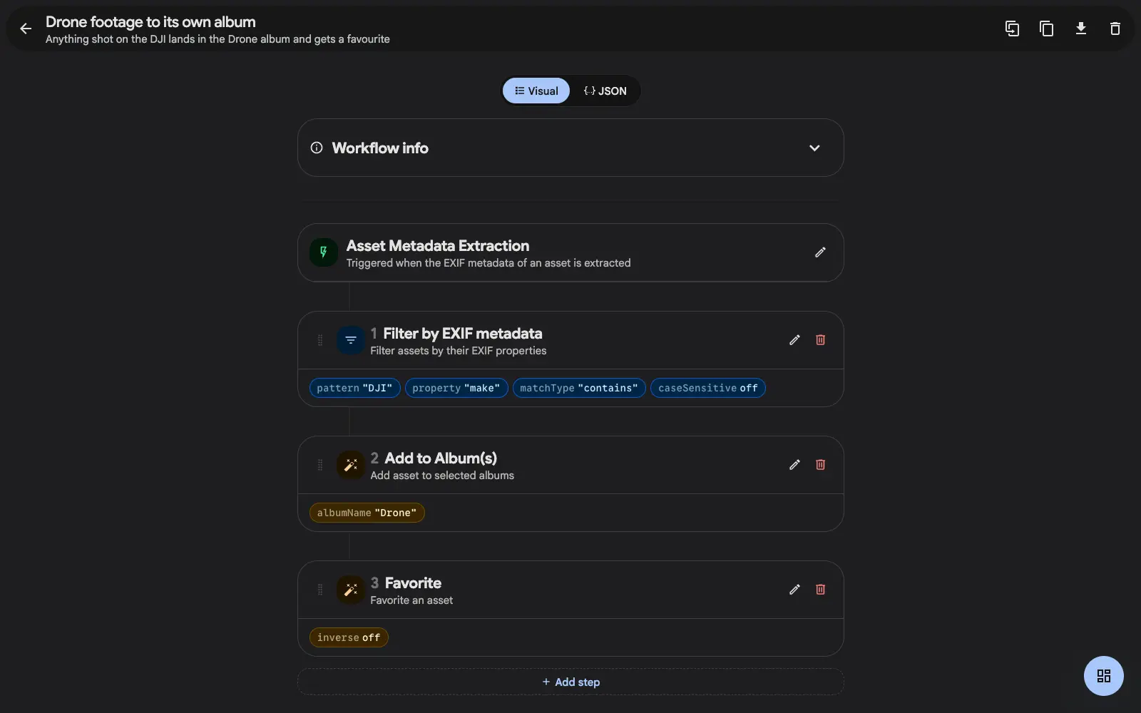 The Gallery workflow builder showing a trigger followed by an EXIF filter, an add-to-album action and a favorite action