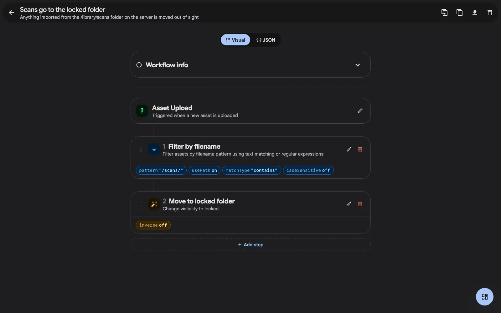 A Gallery workflow that matches the server path /scans/ and moves matching uploads into the locked folder