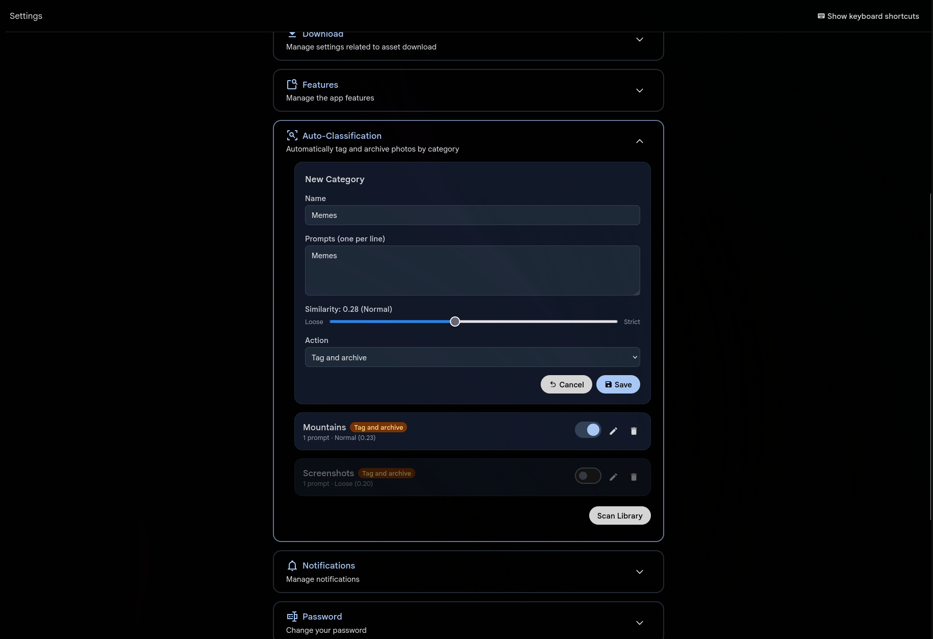 Auto-Classification settings showing category creation with name, prompts, similarity slider, and tag-and-archive action