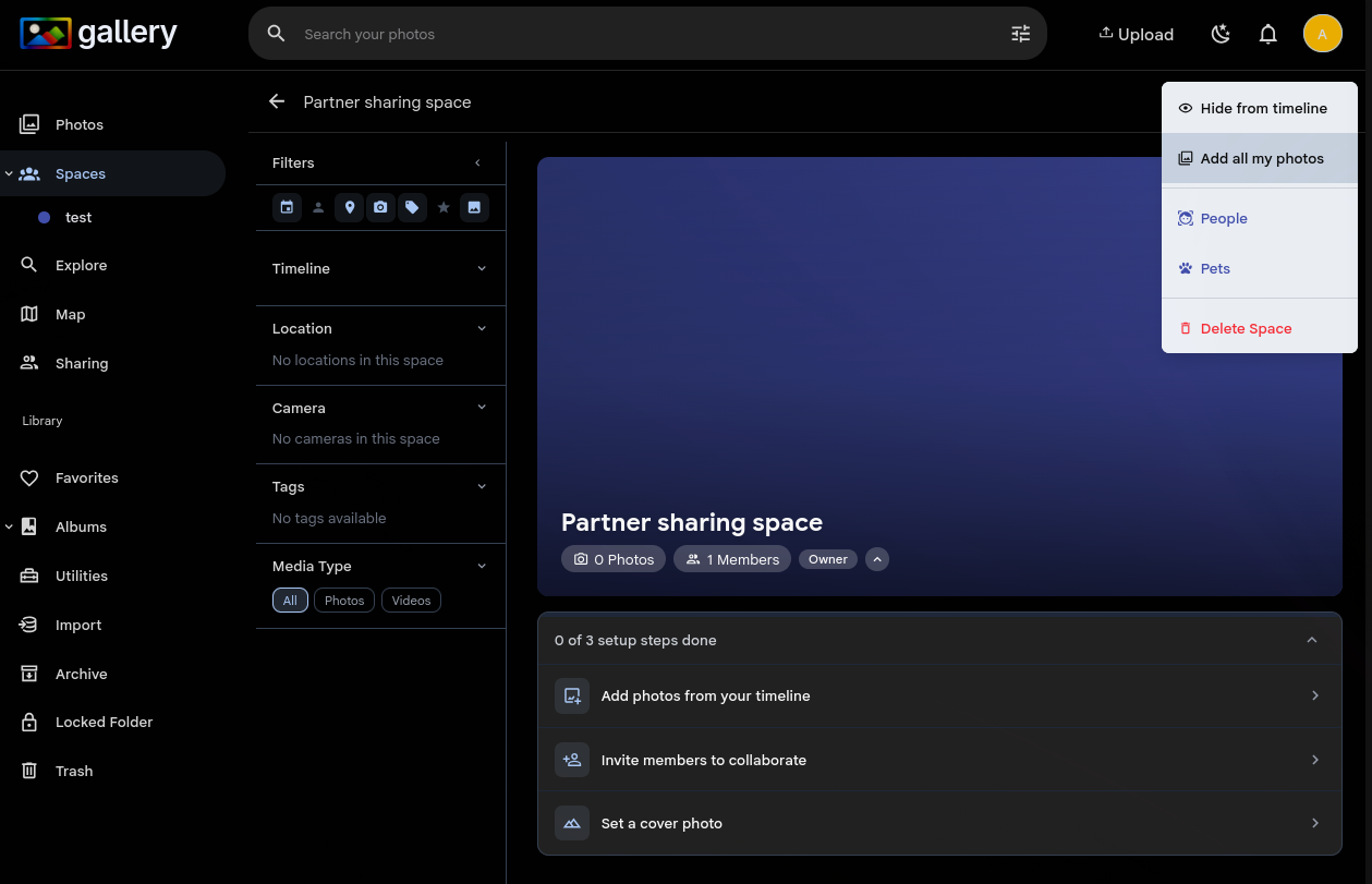 Space overflow menu showing Add all my photos option alongside other space settings