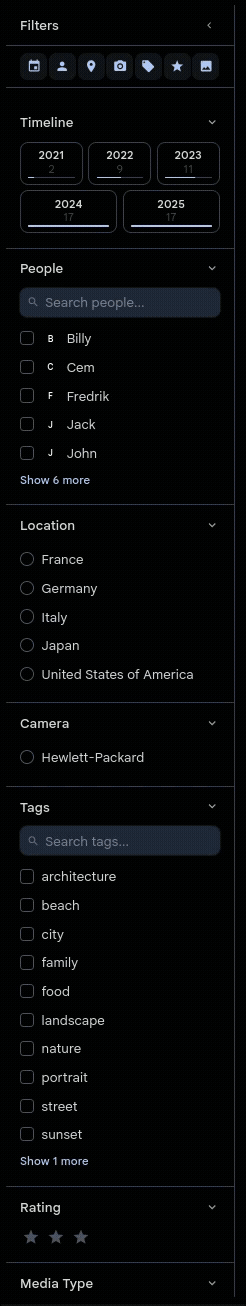 Filter panel showing countries, tags, and cameras narrowing dynamically as the user clicks different filter values