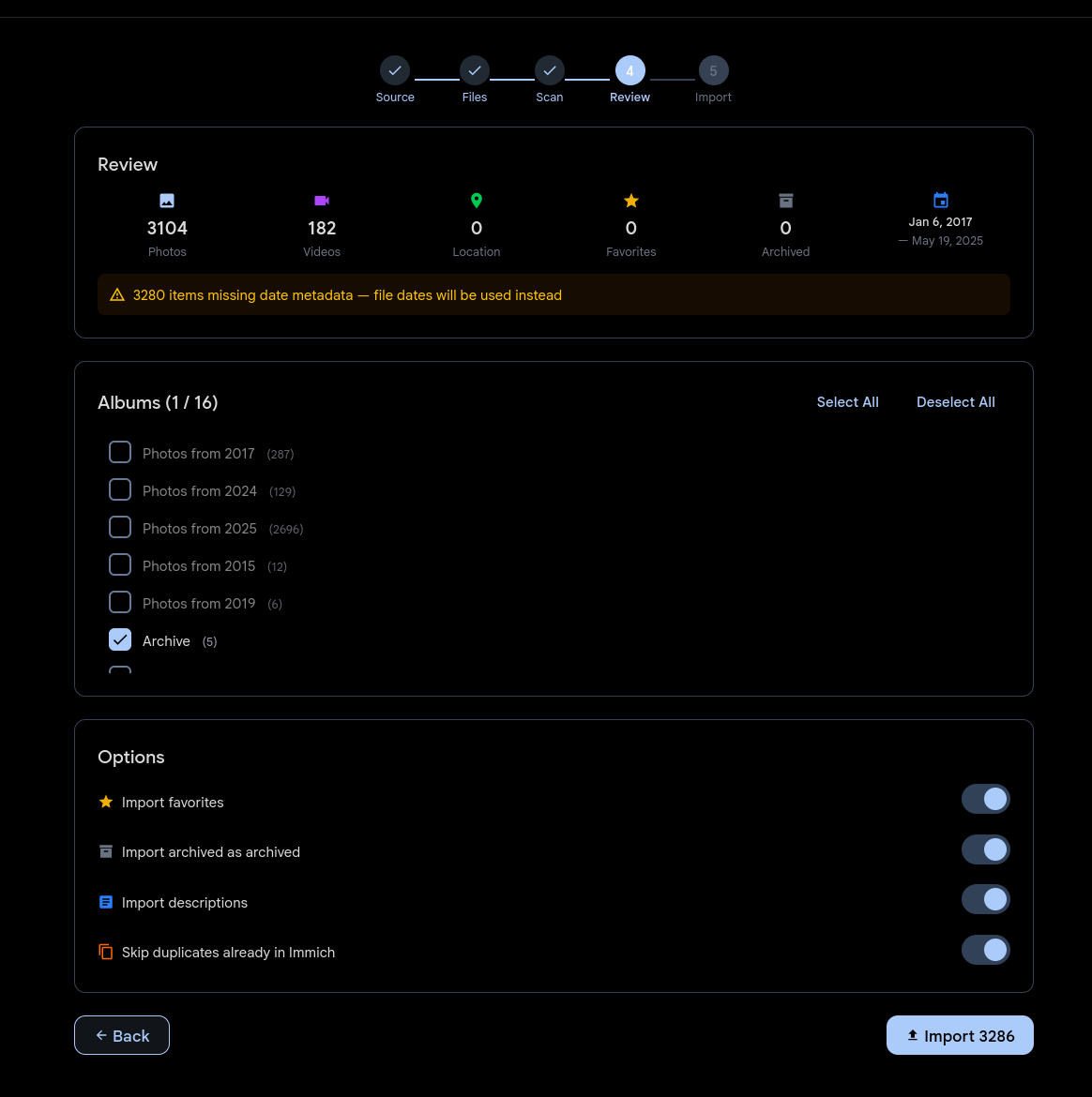 Google Photos import wizard showing review step with photo counts, album selection, and import options