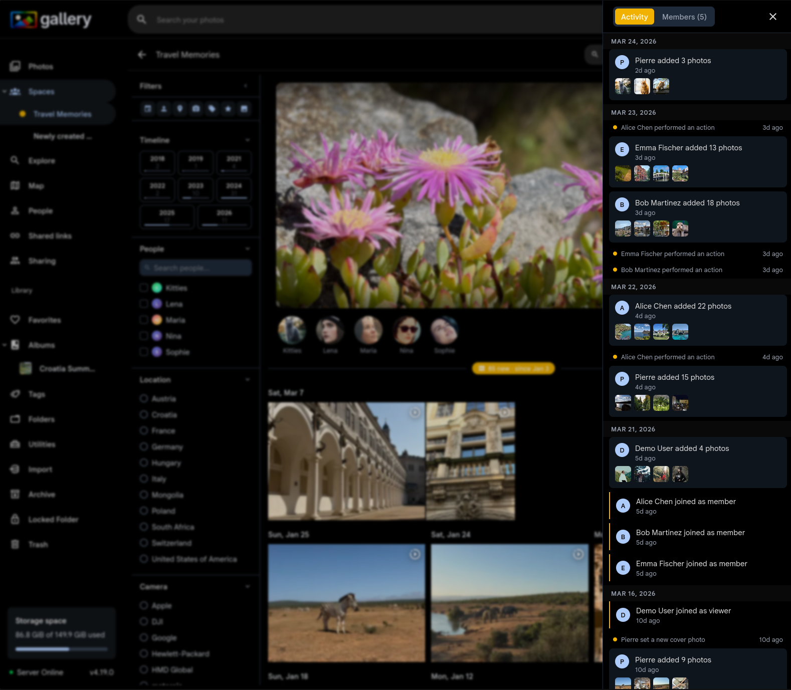 Shared Space activity log showing member contributions, photo additions, and join events
