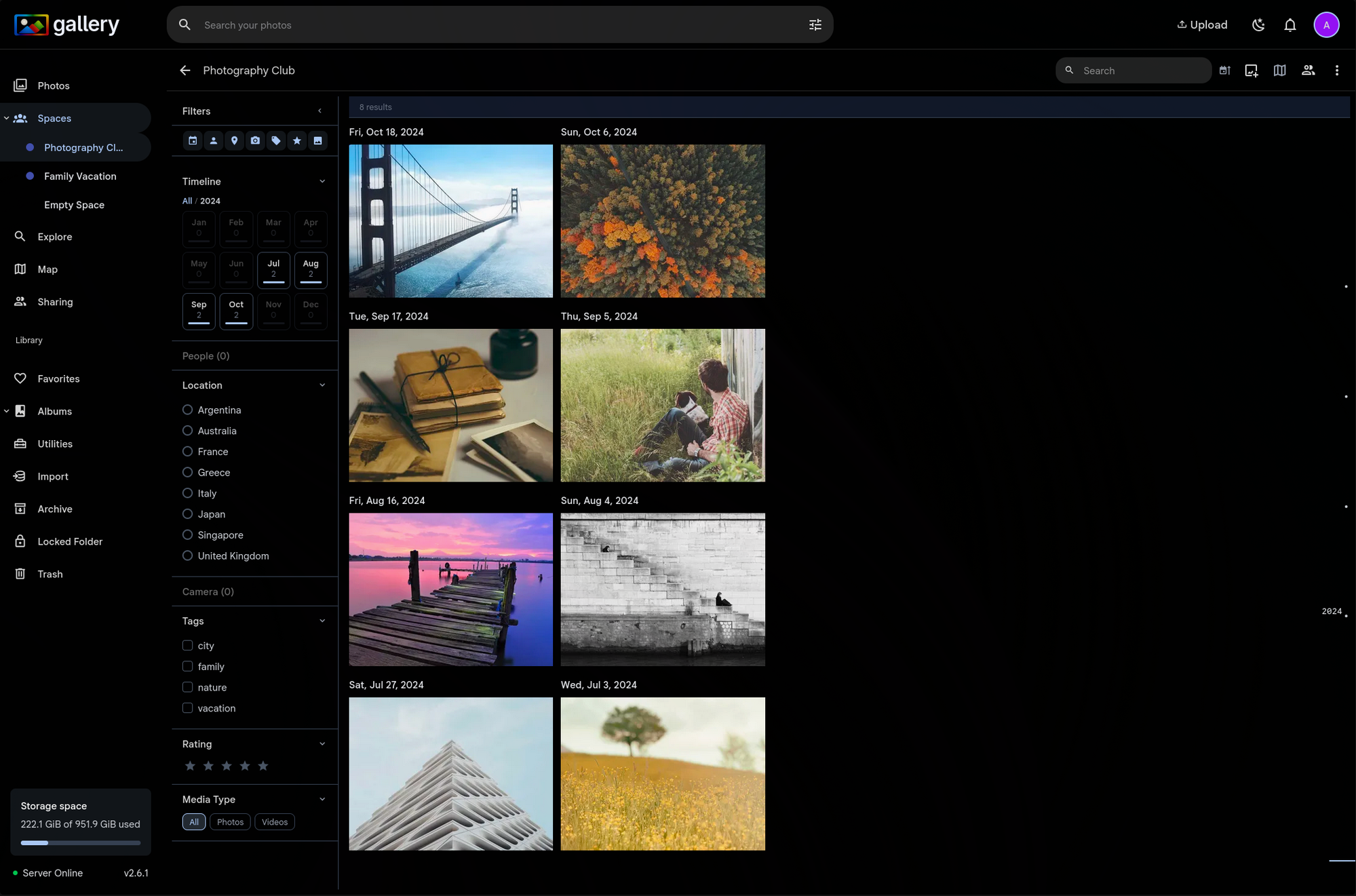 Filter panel with year 2024 selected showing narrowed location suggestions, collapsed People (0) and Camera (0) sections, and month grid with photo counts