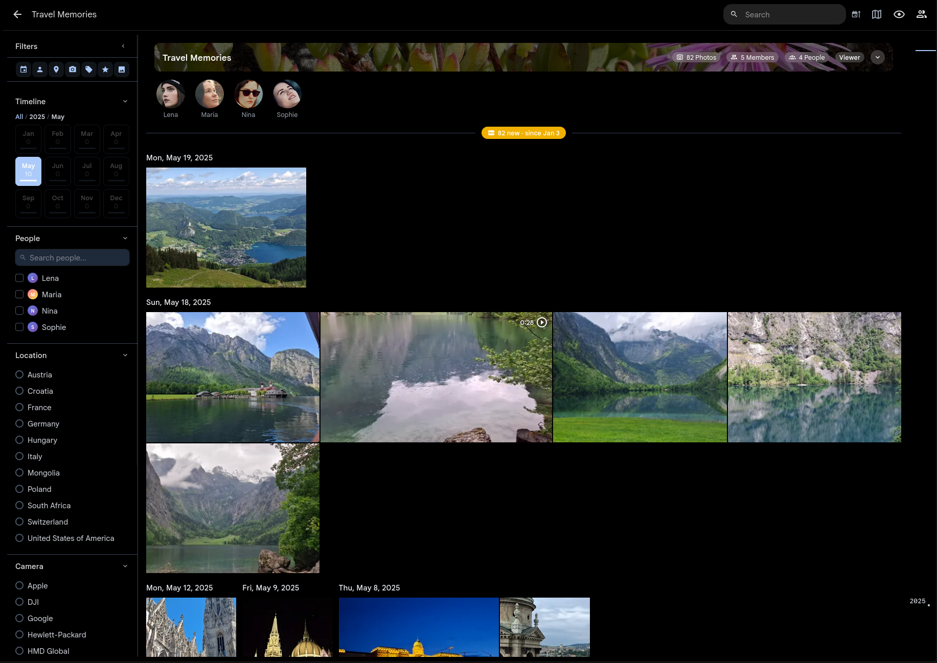 Space timeline filtered by date with filter panel showing timeline, people, location, and camera filters