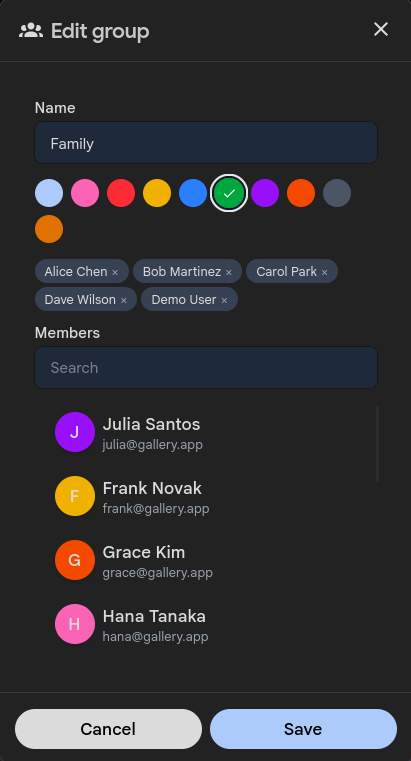 Edit group dialog with color picker and member management