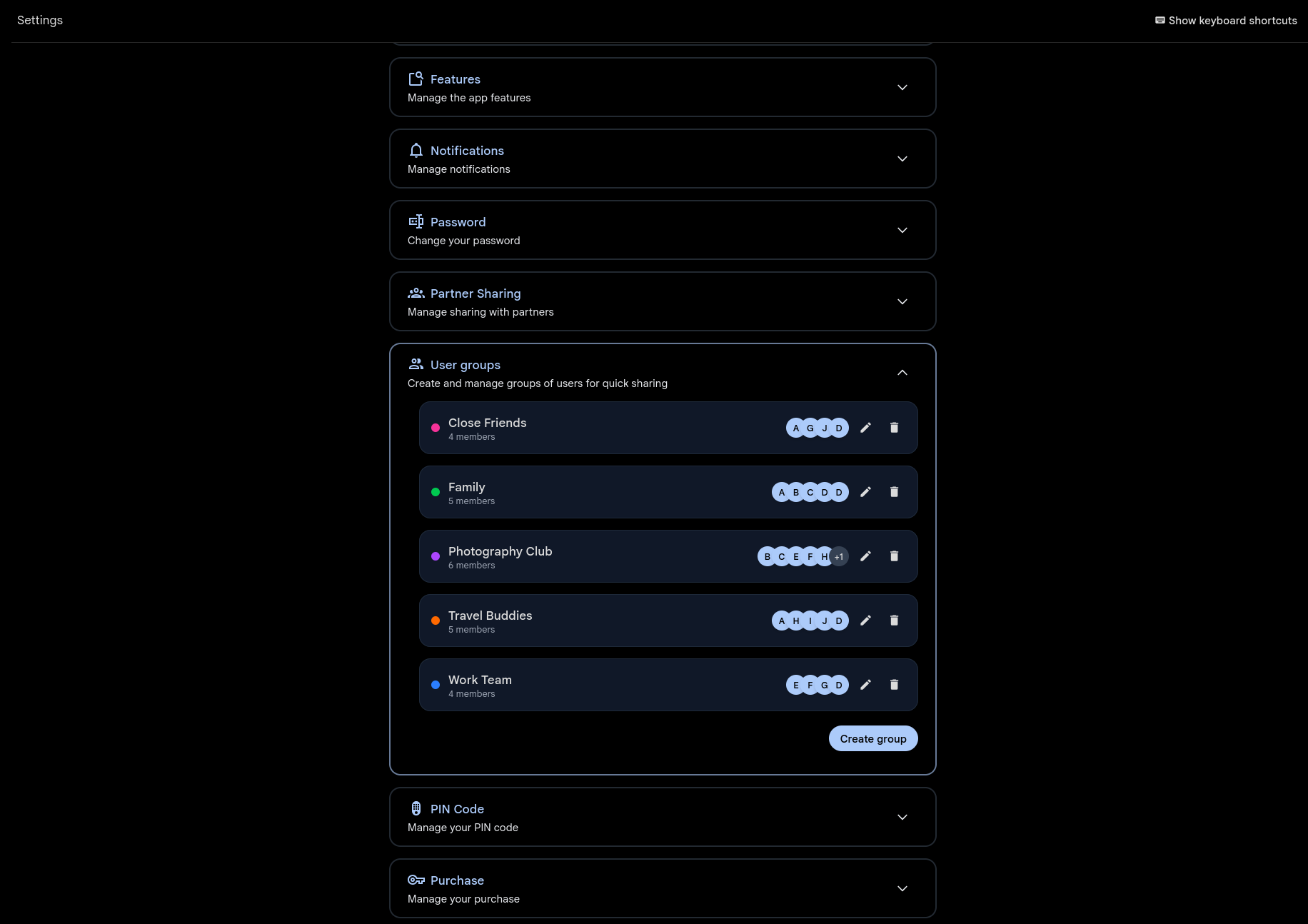 User Groups settings showing color-coded groups with member avatars