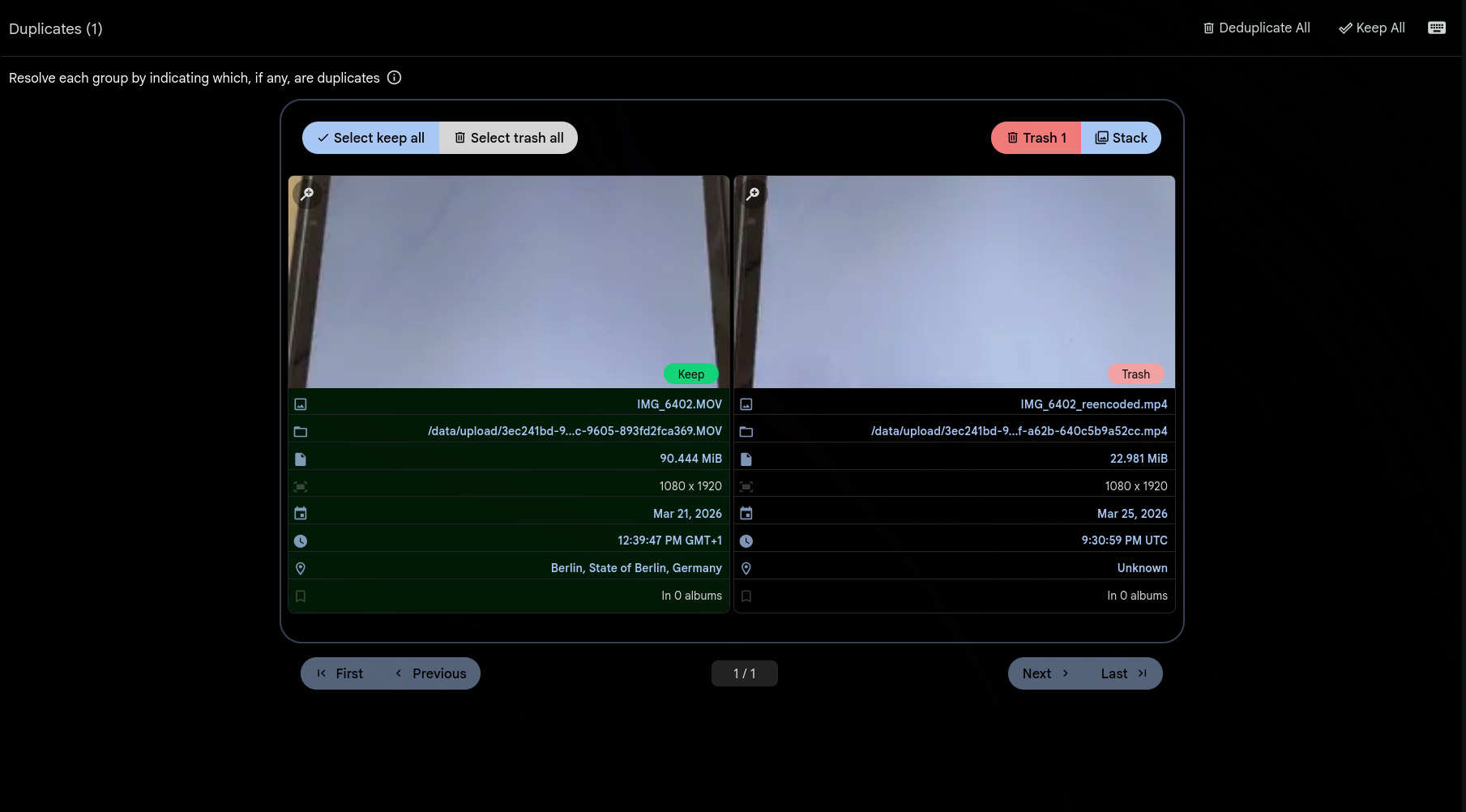 Duplicates page showing a 90 MiB HEVC original and a 23 MiB H.264 re-encode detected as duplicates with Keep and Trash actions