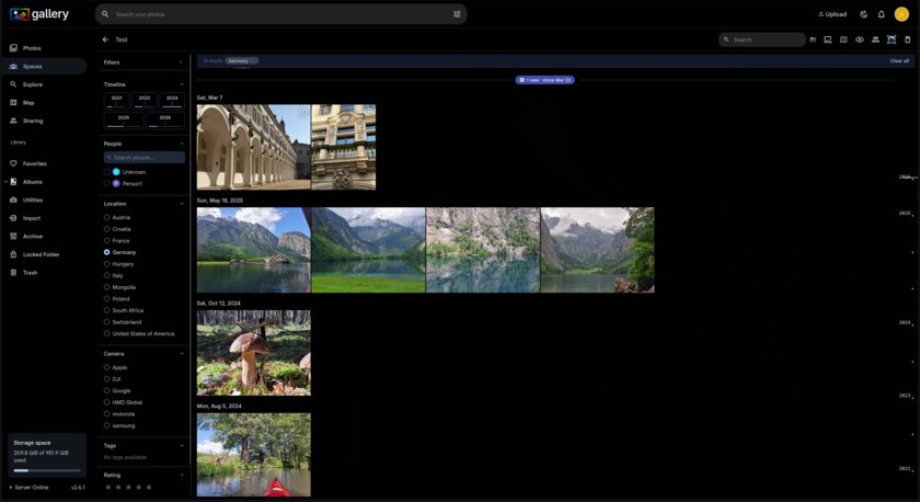 Spaces filtering panel with timeline, people, and location filters